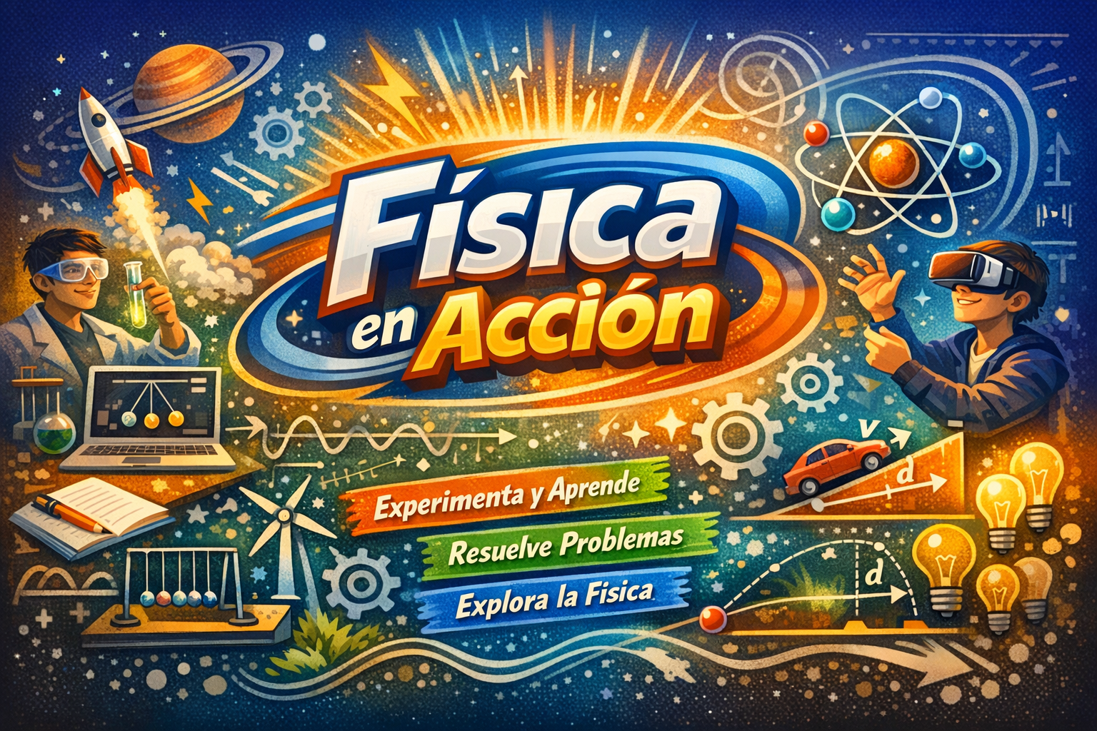 Ilustración colorida con el título “Física en Acción” en el centro, rodeado de elementos como un cohete, un átomo, engranajes y gráficos. Se observan estudiantes realizando experimentos y usando tecnología, lo que refleja un aprendizaje dinámico, interactivo y práctico de la Física.